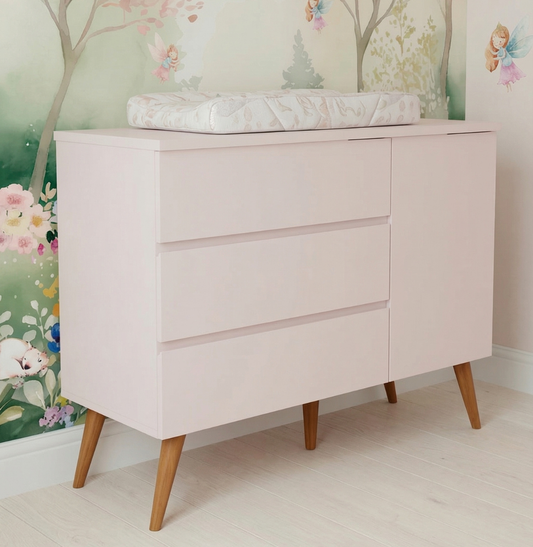 Cômoda de Bebê Viena com Porta Rosa Claro com Pé Mel