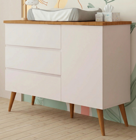 Cômoda de Bebê Viena com Porta Rosa Claro com Pé e Tampo Mel