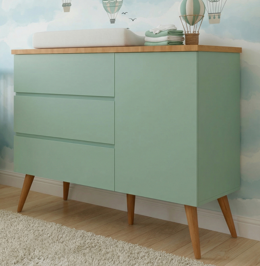 Cômoda de Bebê Viena com Porta Verde Jardim com Pé e Tampo Mel