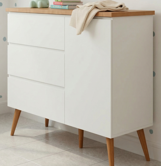 Cômoda de Bebê Viena com Porta Greige com Pé e Tampo Mel
