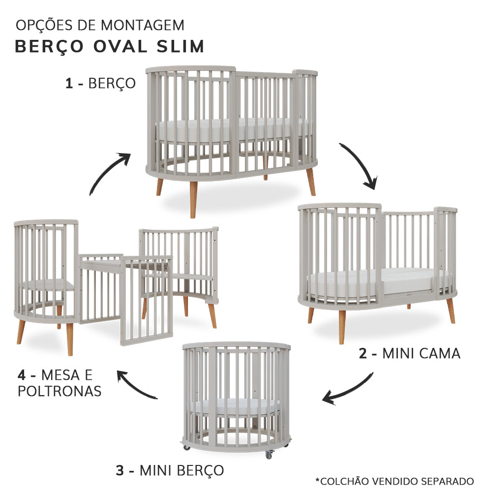 Berço Oval Slim 4 em 1 Cinza com Pé Madeira