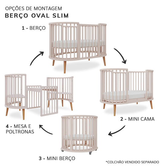 Berço Oval Slim 4 em 1 Rosa Old com Pé Madeira