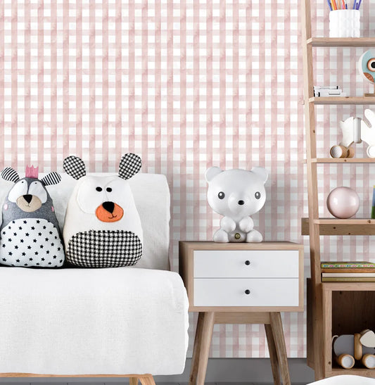 Papel de Parede Infantil Xadrez Aquarela - Rosa
