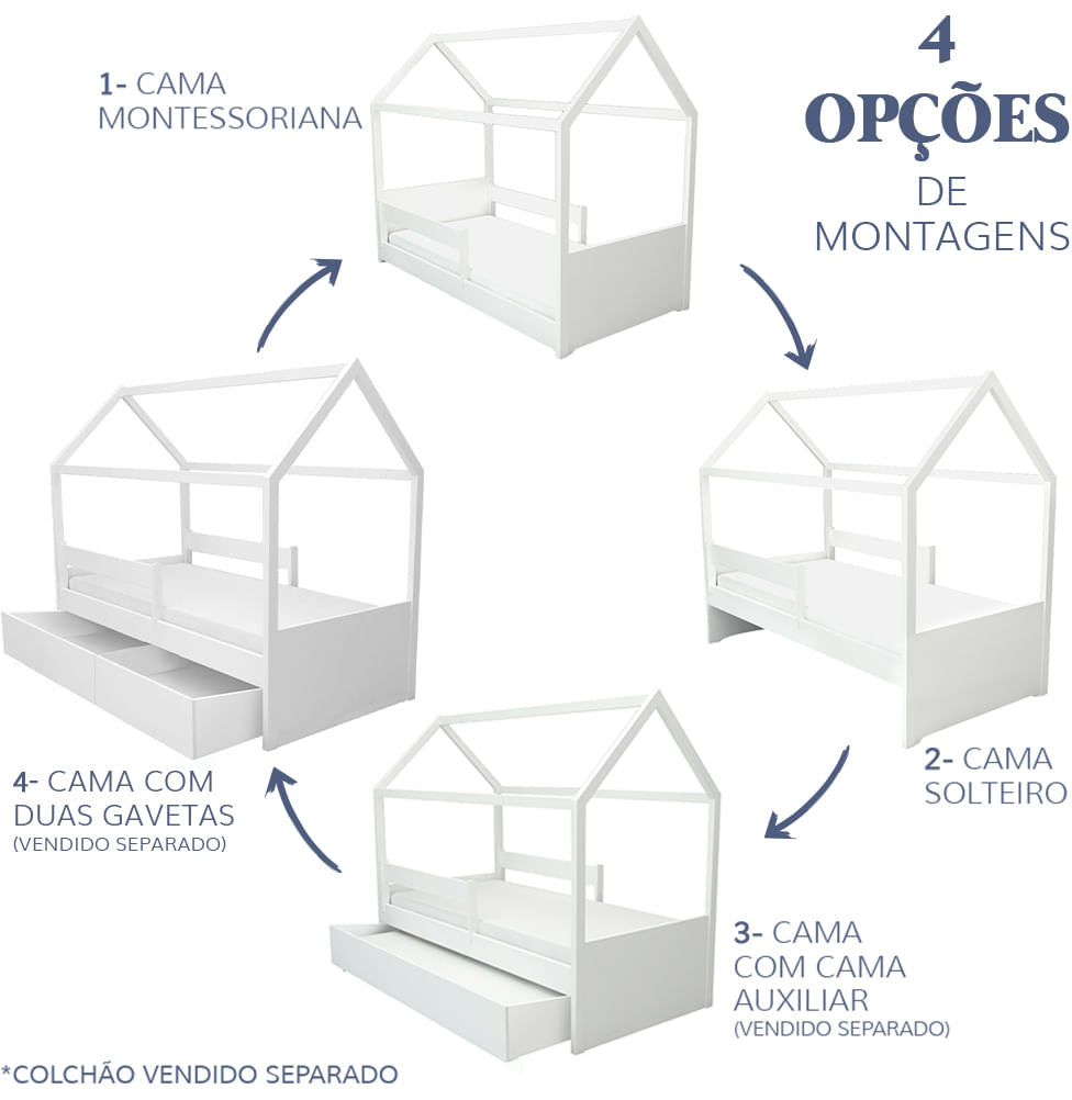 Cama com Casinha Up 2 em 1 com 2 Gavetas Slim - Branco