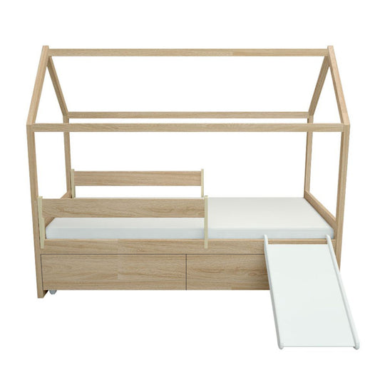 Cama com Casinha Up 2 em 1 com 2 Gavetas Slim Carvalho e Escorregador Branco