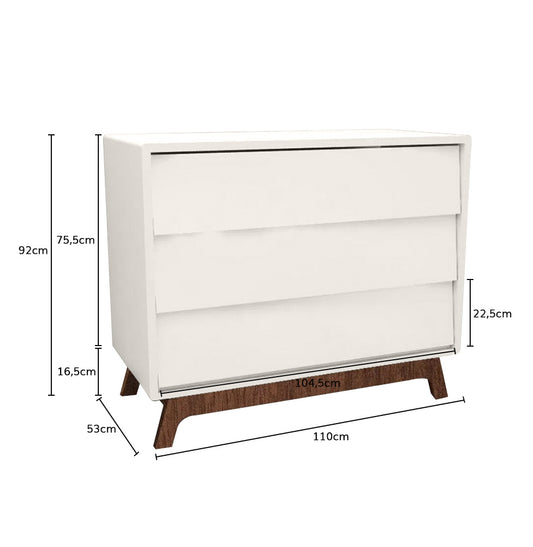 Cômoda de Bebê Raika 3 Gavetas Branco com Pé Mel