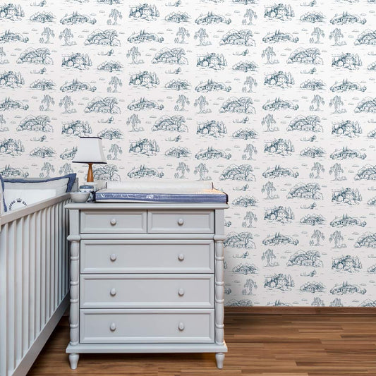 Papel de Parede Infantil Toile de Jouy Azul Polo