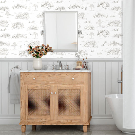 Papel de Parede Toile de Jouy Adulto Bege com Fundo Branco