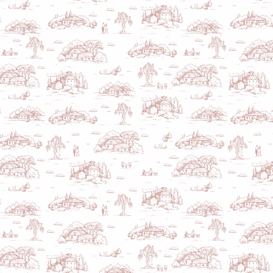 Papel de Parede Toile de Jouy Adulto Rosa Chá com Fundo Branco