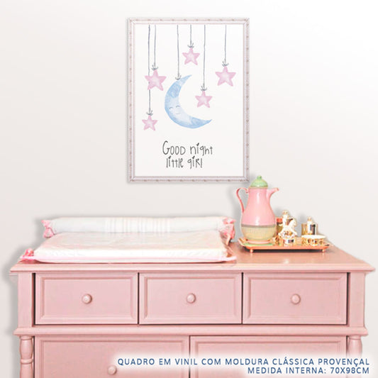 Quadro Infantil Aquarela Lua Good Night Rosa