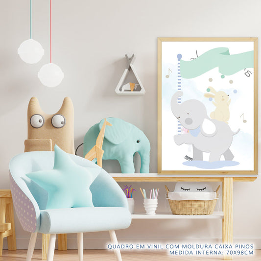 Quadro Infantil Elefante e Coelho Malabarista Azul