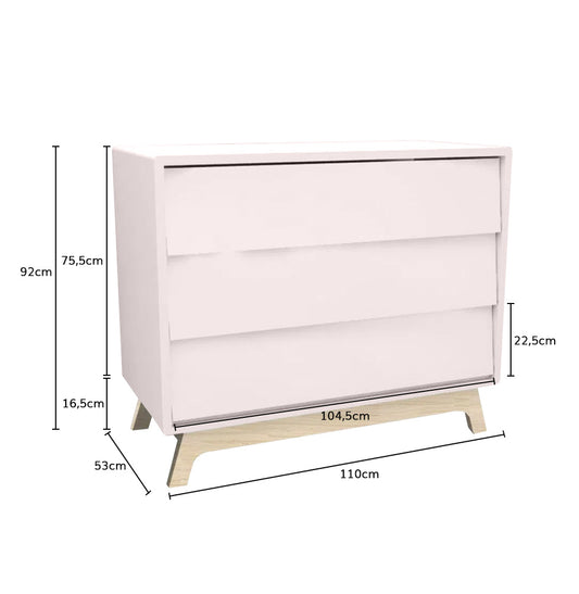 Cômoda de Bebê Raika 3 Gavetas Rosa Claro com Pé Madeira Clara