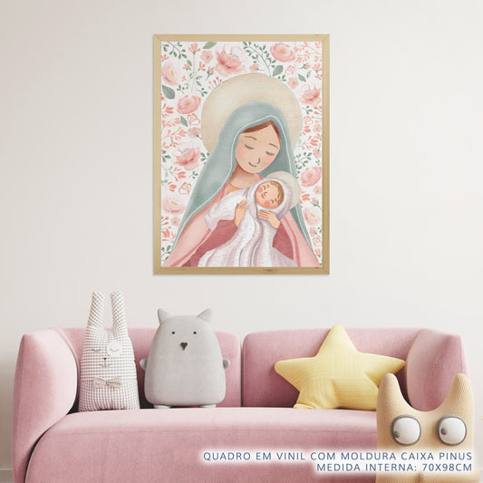 Quadro Infantil Nossa Senhora com Flores Rosa