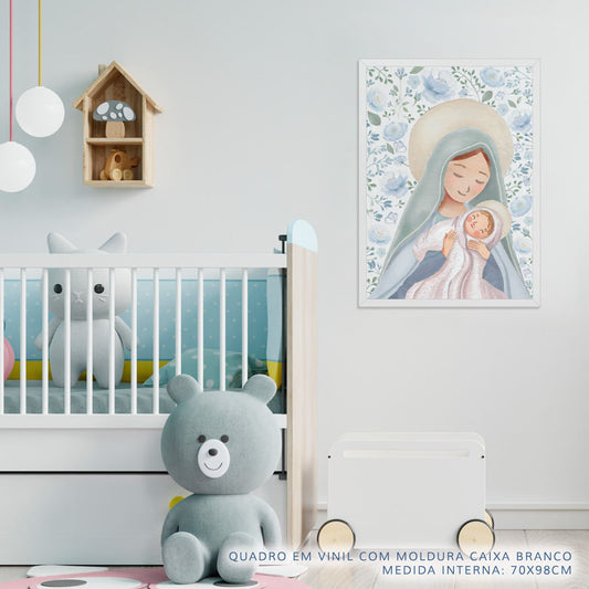 Quadro Infantil Nossa Senhora com Flores Azul