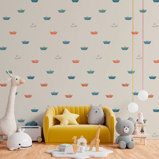 Papel de Parede Infantil Barquinho de Papel Bege