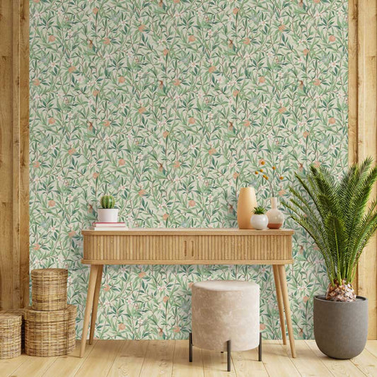 Papel de Parede Folhas com Pássaros Aquarela Verde