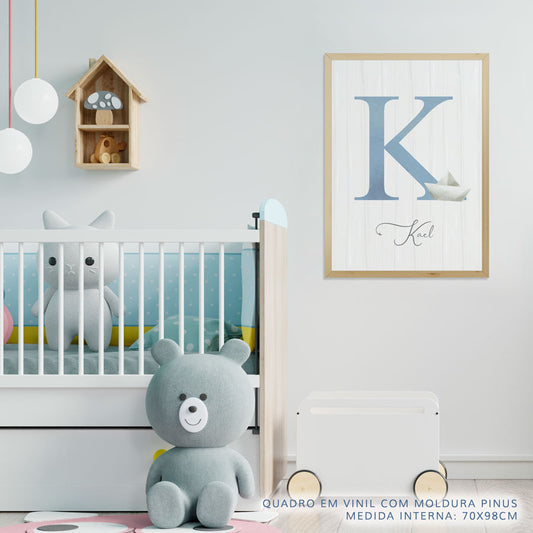 Quadro Infantil Barquinho de Papel com Inicial Azul Vertical