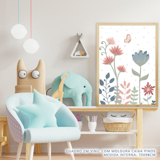 Quadro Infantil Floral Borboleta Azul