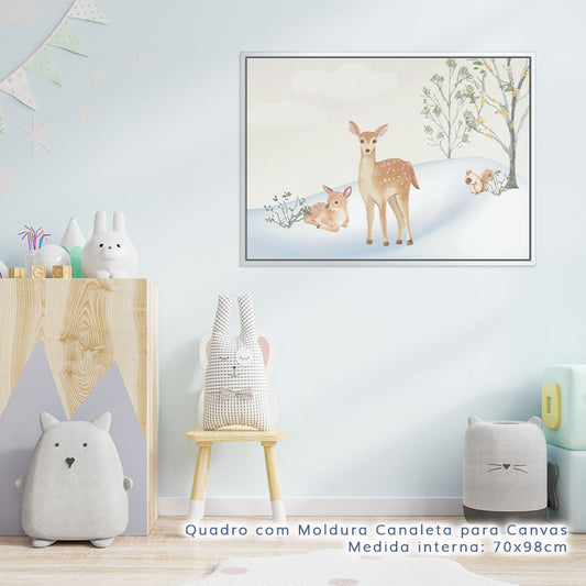 Quadro Infantil Esquilo e Bambi na Neve