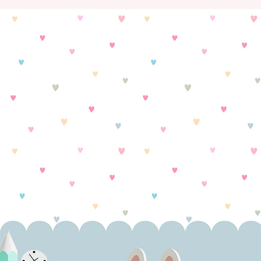 Papel de Parede Infantil Corações Coloridos com Cerca Azul - Mural