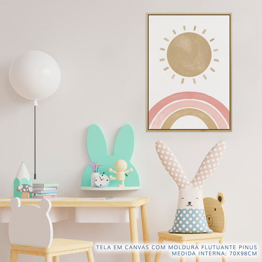 Quadro Infantil Arco Íris Com Sol Aquarela - Vertical