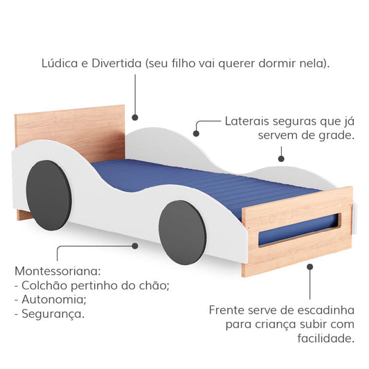 Cama Montessoriana Solteiro Carro - Branco
