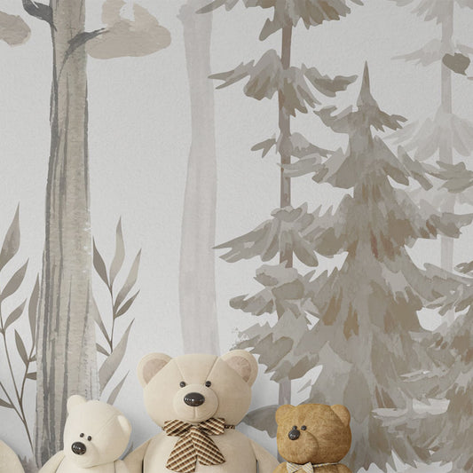 Papel de Parede Infantil Árvores Aquarela Bege - Mural