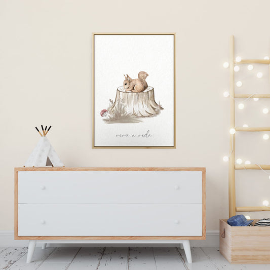 Quadro Infantil Esquilo na Floresta Bege - Vertical