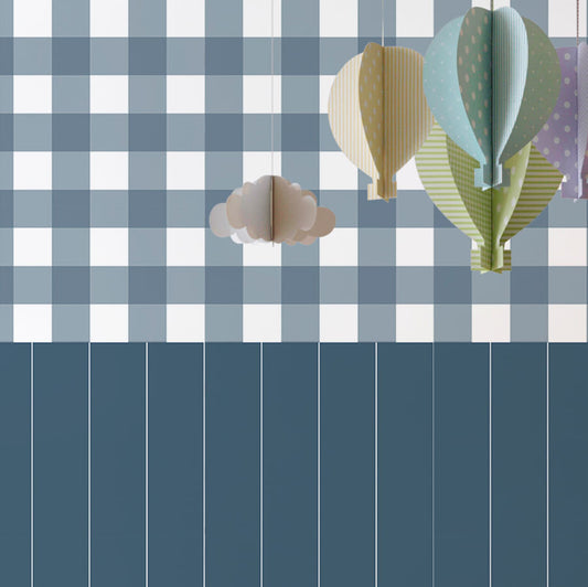 Papel de Parede Xadrez Médio Com Listra Lambri Azul