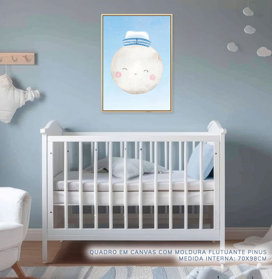 Quadro Infantil Lua Aquarela Com Chapéu Azul - Vertical