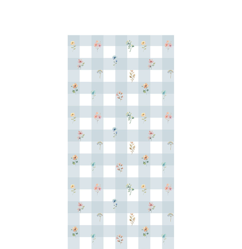 Papel de Parede Infantil Xadrez Azul Com Flores Paris