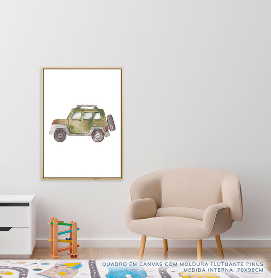 Quadro Infantil Jipe Aquarela Verde - Vertical