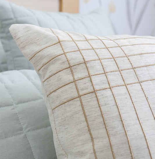 Capa de Almofada Linho Bordado Xadrez - Bege 50x50cm