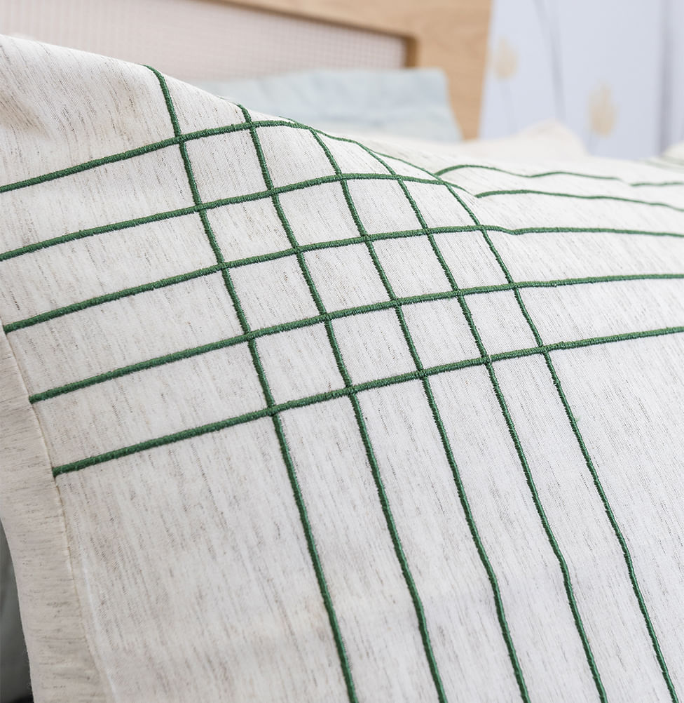 Capa de Almofada Linho Bordado Xadrez - Verde Seco 50x50cm