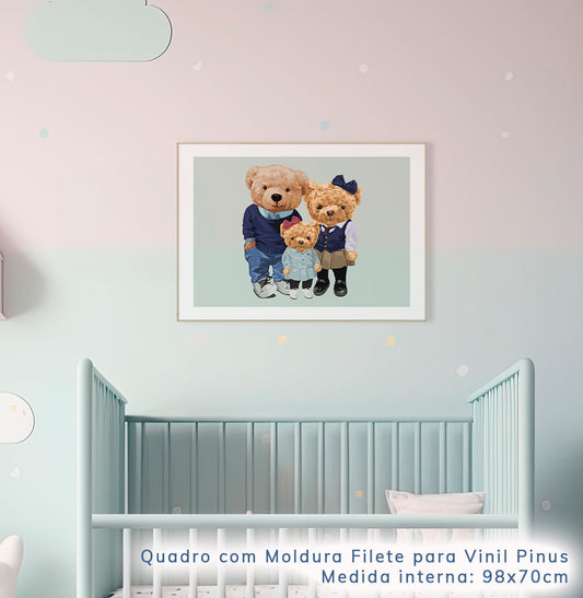 Quadro Infantil Família Urso Polo Menina Verde - Horizontal