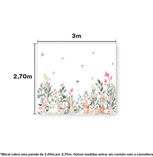 Papel de Parede Adesivo Infantil Jardim Mali Bichos Rosa Mural - 3m x 2,70m - Bota Fora