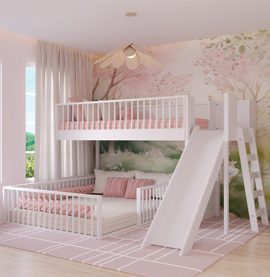 Beliche Infantil Montessoriana Com Cama de Casal E Escorregador Fazenda - Branco