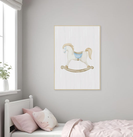 Quadro Infantil Cavalinho de Pau Aquarela Azul - Vertical