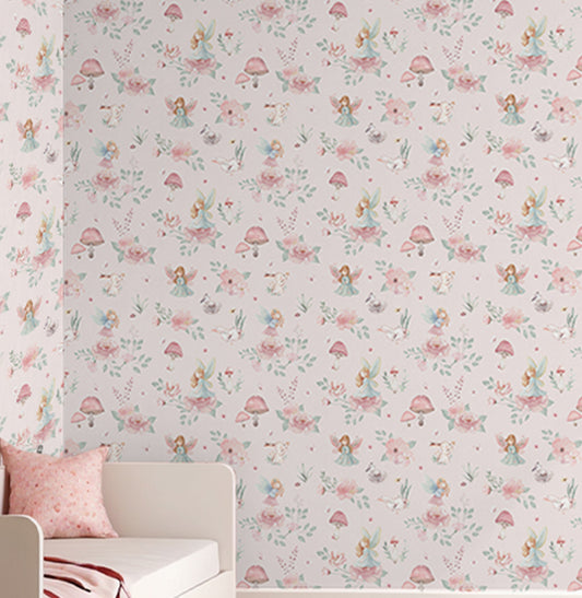 Papel de Parede Fadas e Cogumelos Rosa