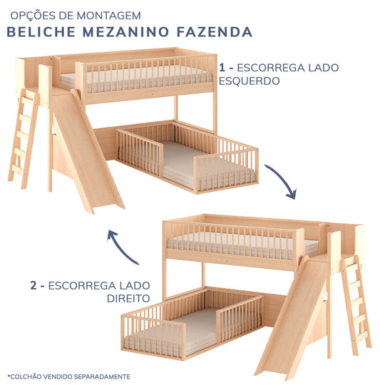 Beliche Montessoriana Com Cama de Solteiro Escorregador Fazenda - Carvalho