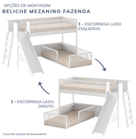 Beliche Montessoriana Com Cama de Solteiro Escorregador Fazenda - Branco