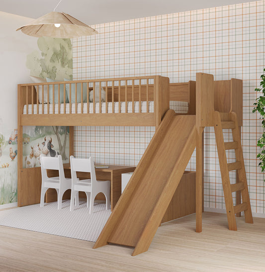 Cama Infantil Mezanino Fazenda Com Escorregador - Freijó