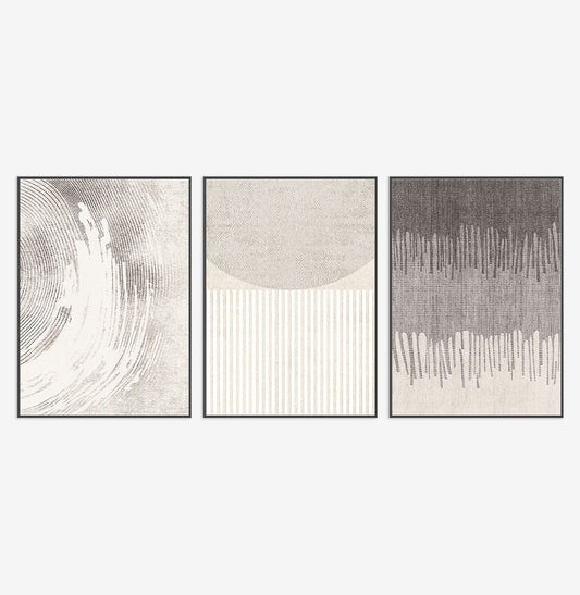 Conjunto com 3 Quadros Rabisco Cinza Com Moldura Filete Preta - Vertical