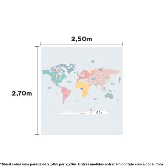 Papel de Parede Infantil Adesivo Mapa Mundi Color - Mural 2,50m x 2,70 - Bota Fora
