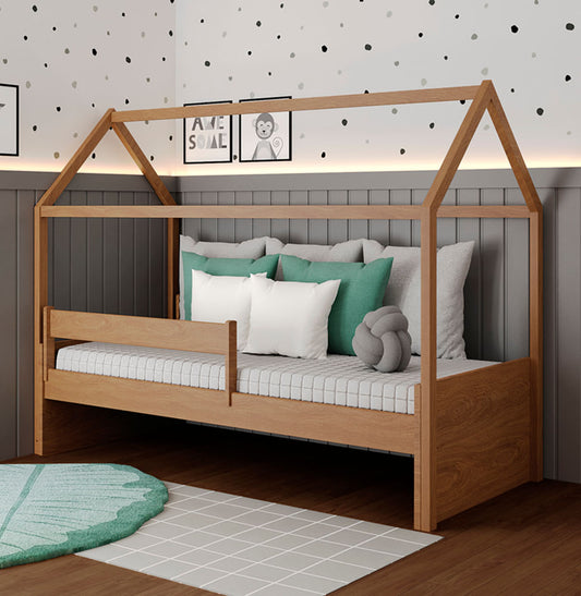 Cama Com Casinha Up 2 em 1 Com Cama Auxiliar - Freijó