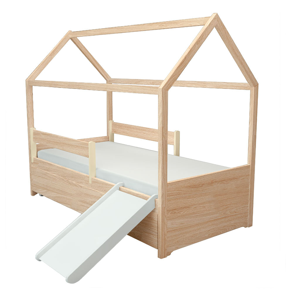 Cama com Casinha Up 2 em 1 com Cama Auxiliar Carvalho e Escorregador Branco