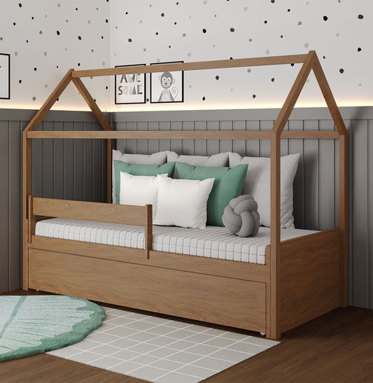 Cama Com Casinha Up 2 em 1 Com Cama Auxiliar e Escorregador - Freijó