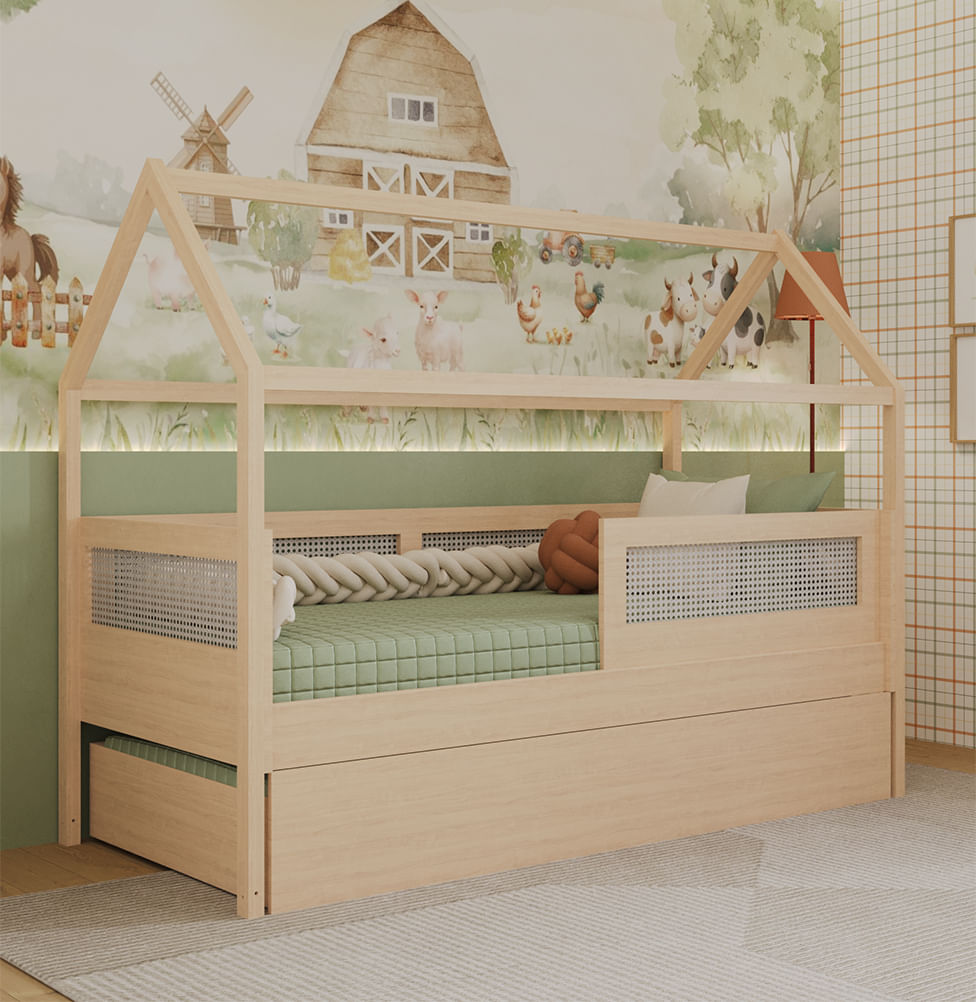 Combo Cama Sofá Haus Nature Casinha com Palha 2 em 1 com Cama Auxiliar Carvalho