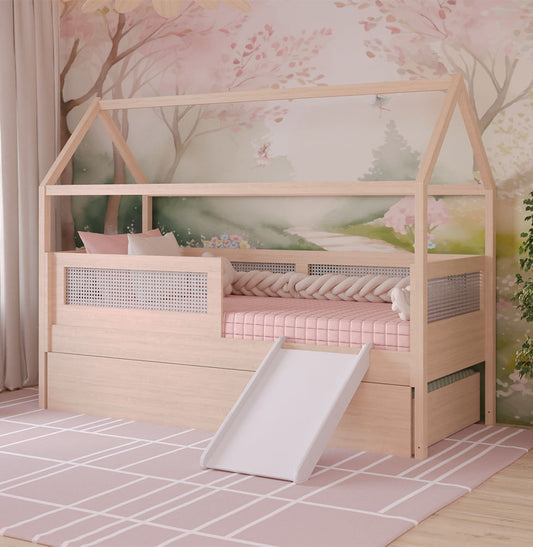Combo Cama Sofá Haus Nature Casinha com Palha 2 em 1 com Cama Auxiliar e Escorregador - Carvalho