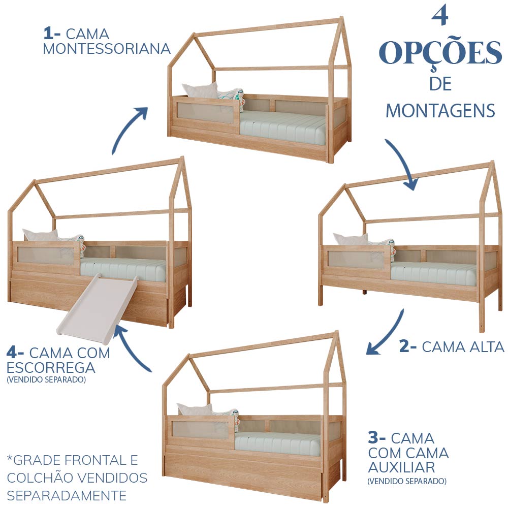 Combo Cama Sofá Haus Nature Casinha com Palha 2 em 1 com Cama Auxiliar e Escorregador - Carvalho